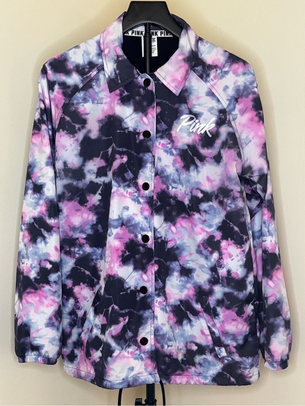 Victoria's Secret PINK Tie-Dye Snap Front Coaches Jacket - Pink, Navy, and White - Picture 2 of 6